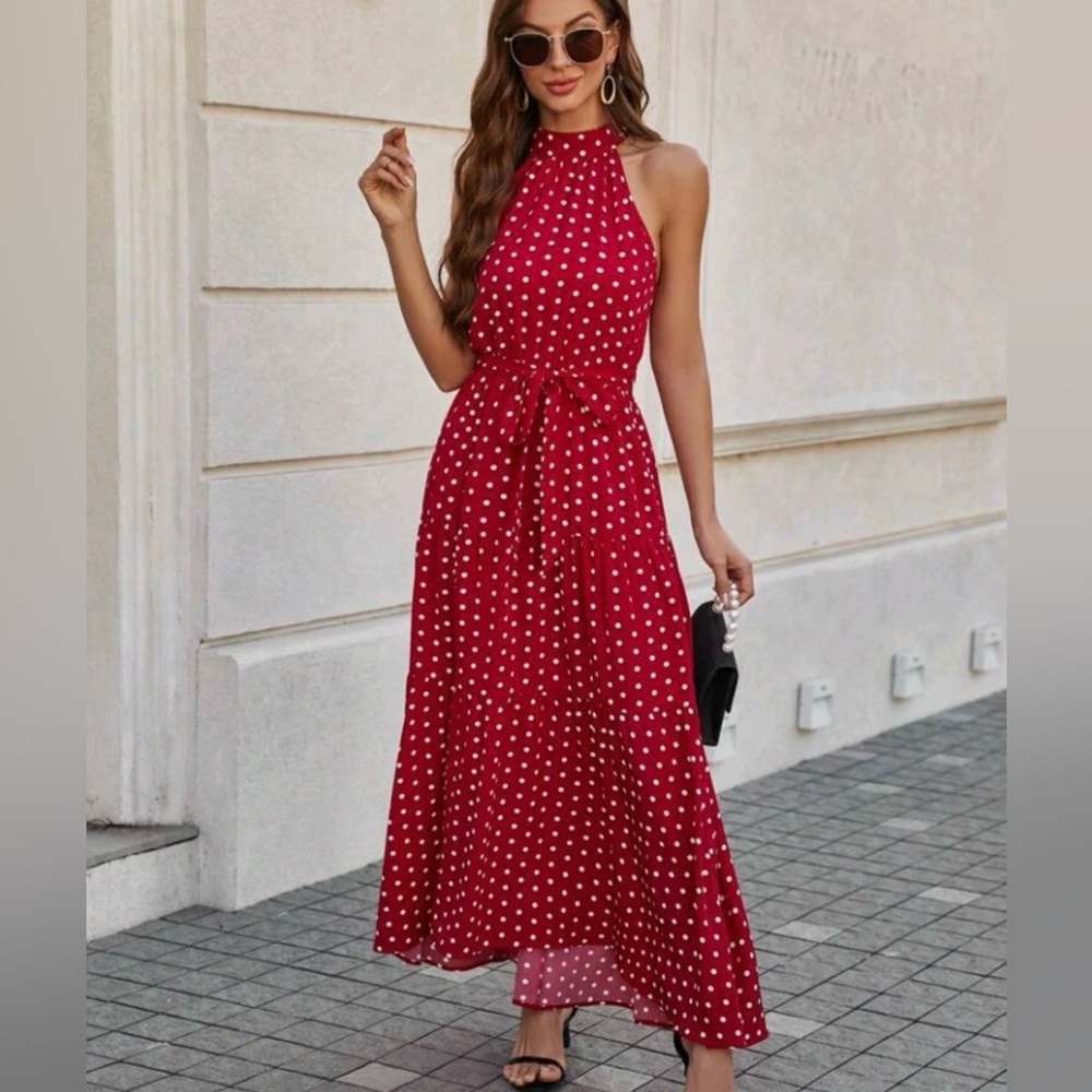 SHEIN Red Polka Dot Halter Maxi Dress